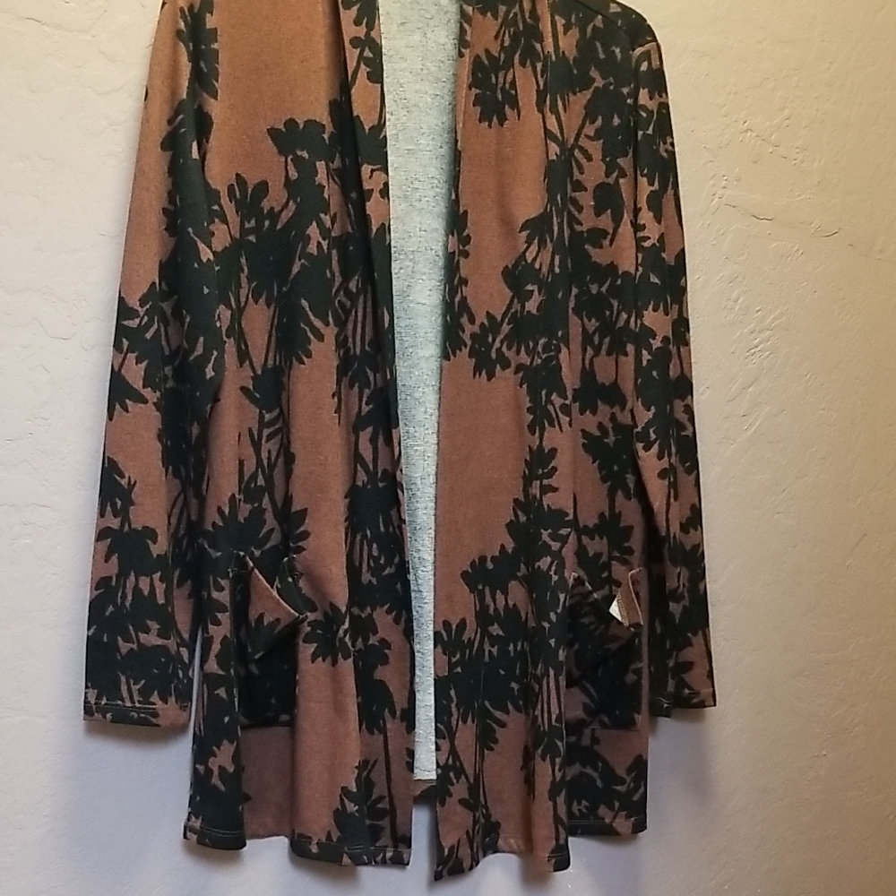 COLLEEN LOPEZ  long Sleeve Open Front Cardigan, Sz L Black & Brown EUC, #2538